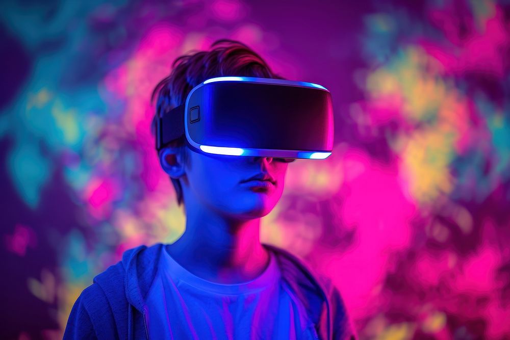 Boy wearing VR glasses portrait purple light.