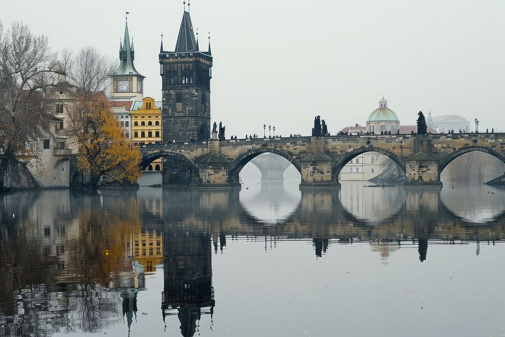 Bridge and buildings in prague architecture cityscape outdoors.