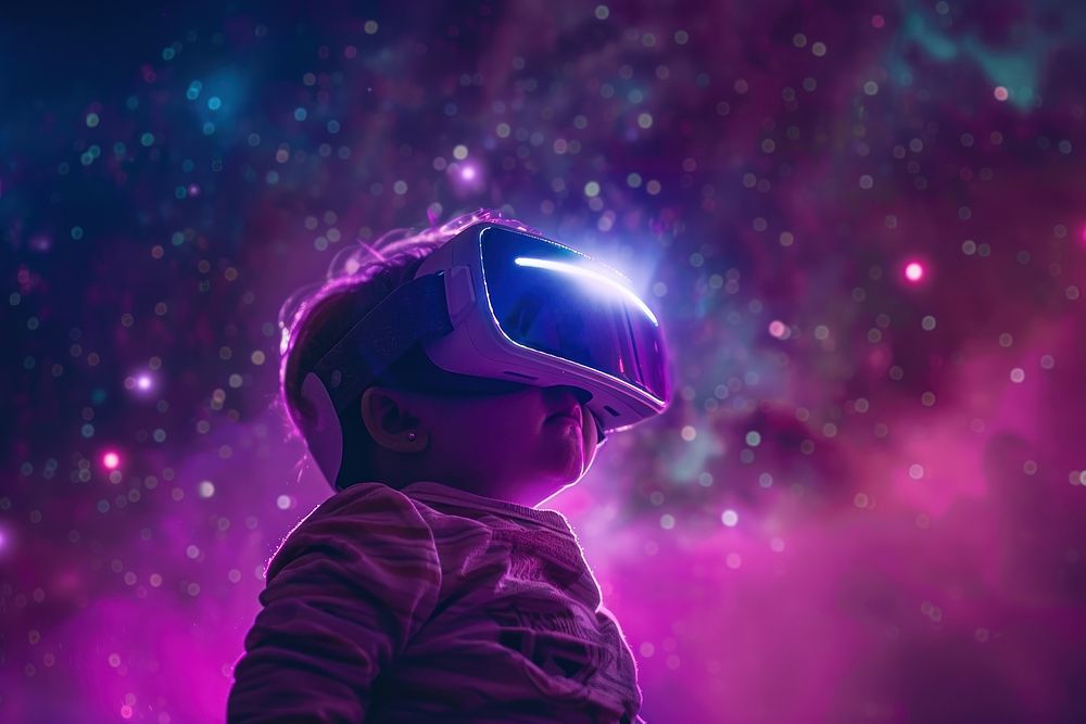 Chubby kid wearing VR glasses purple space night.