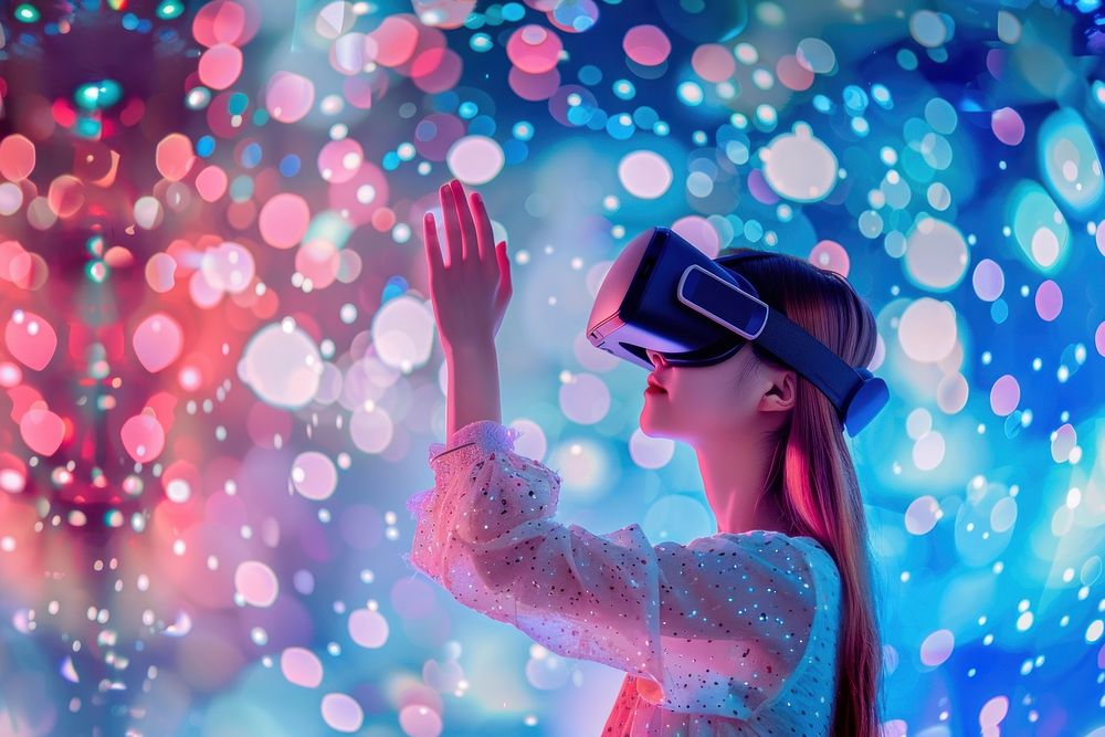 Girl wearing VR glasses illuminated celebration photography.