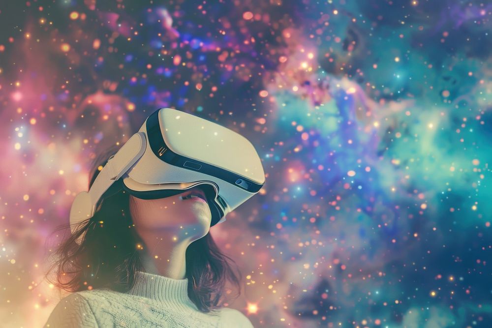 Girl wearing VR glasses outdoors nature space.
