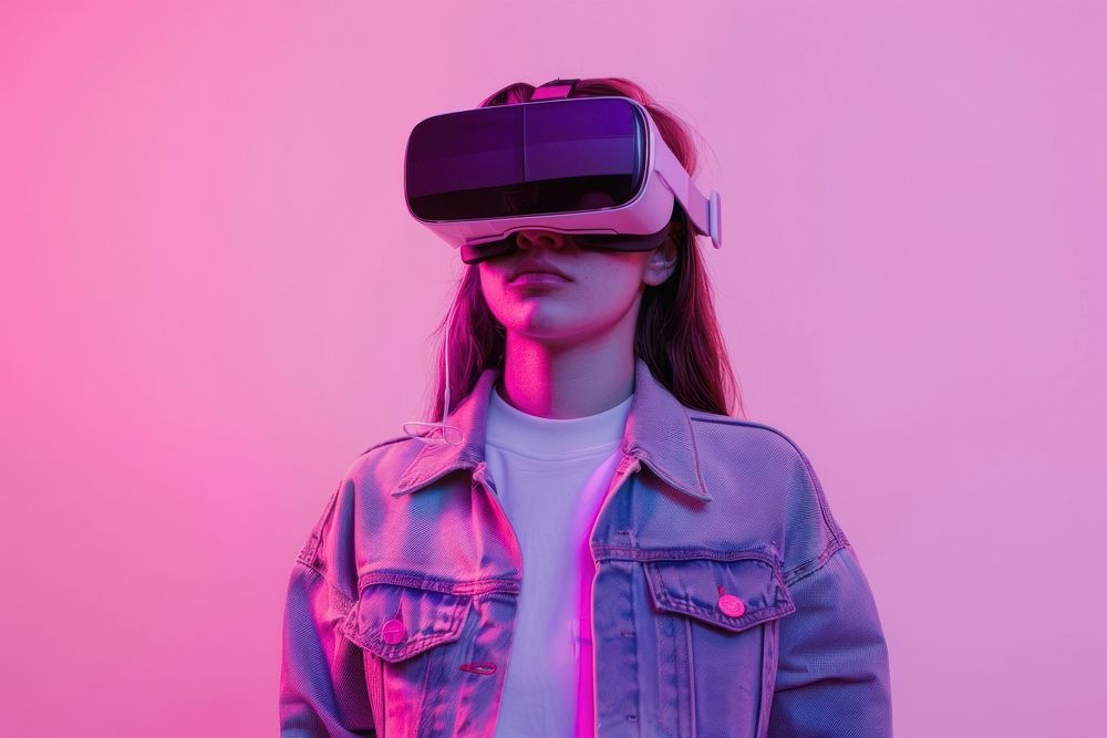 Girl wearing VR glasses purple photography technology.