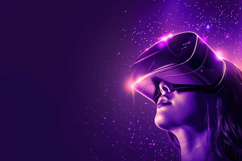 Girl wearing VR glasses purple adult photography.