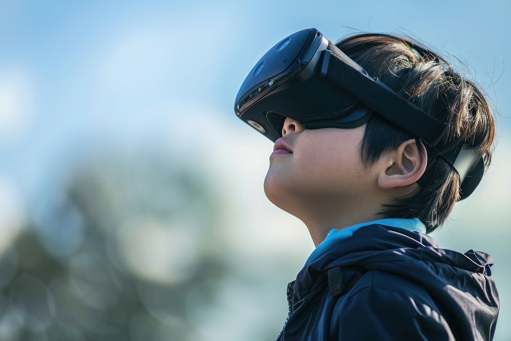 Boy wearing VR glasses accessories photography technology.