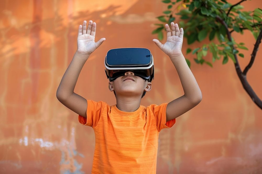 Boy wearing VR glasses child architecture technology.
