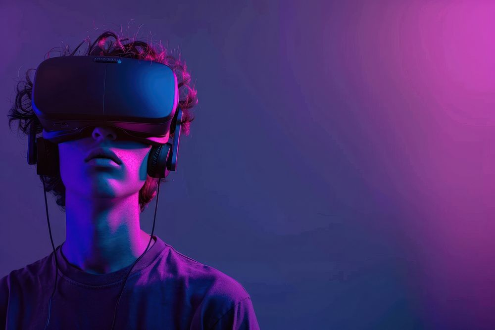 Boy wearing VR glasses portrait purple adult.