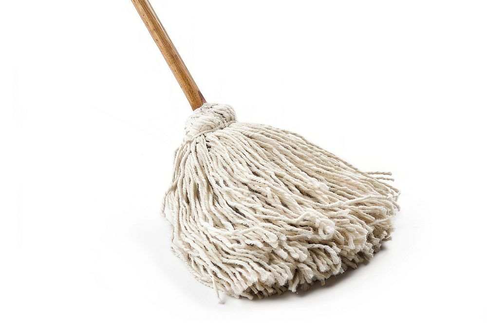 Full cleaning mop broom white white background.