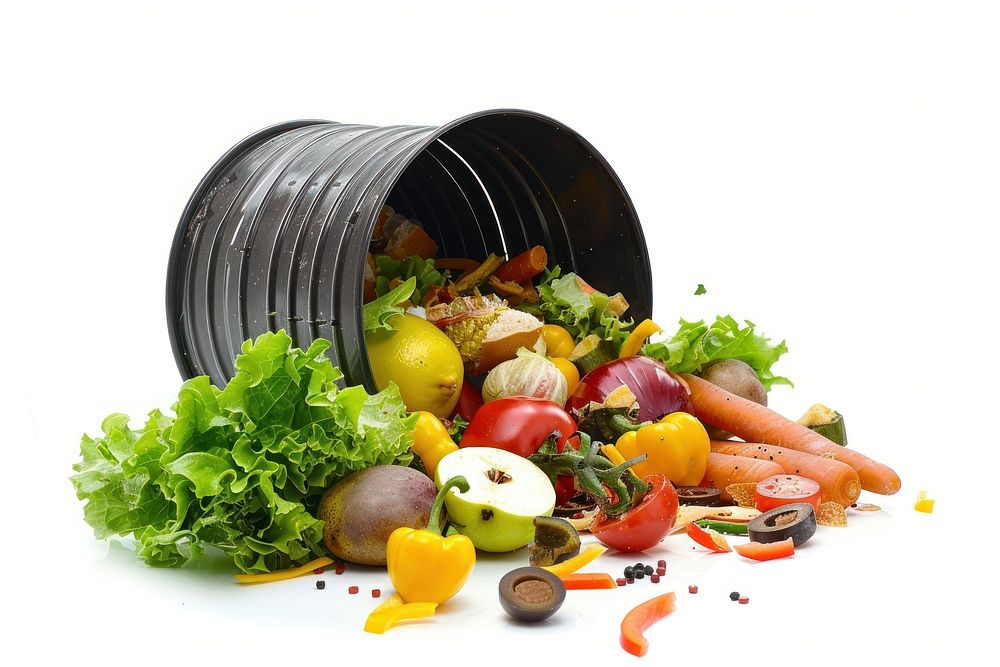 Food waste in a fallen trash can plant white background vegetable.