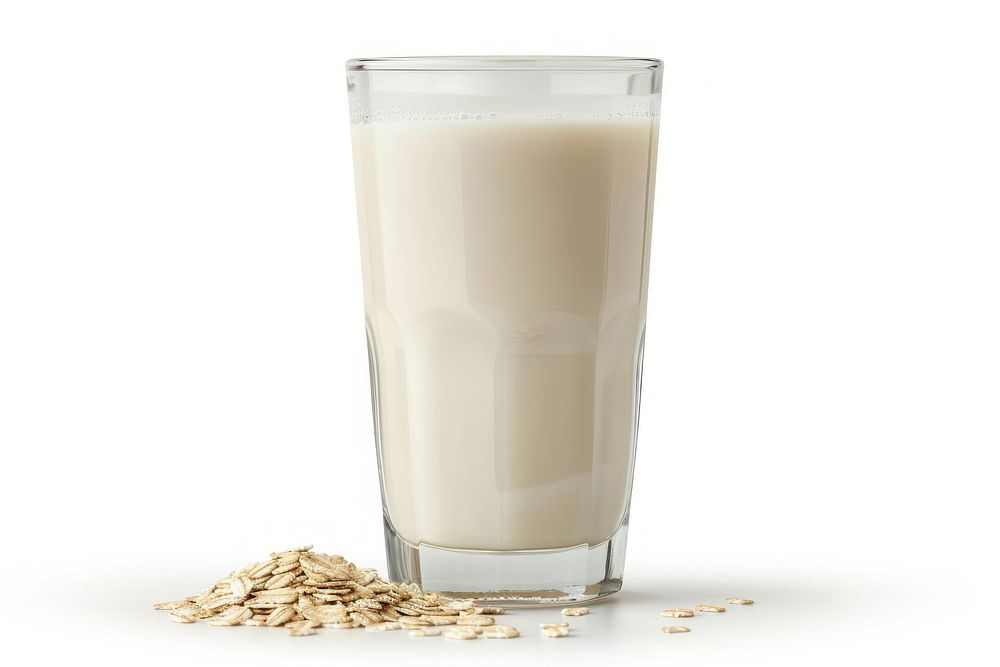 Glass of oat milk dairy drink food.