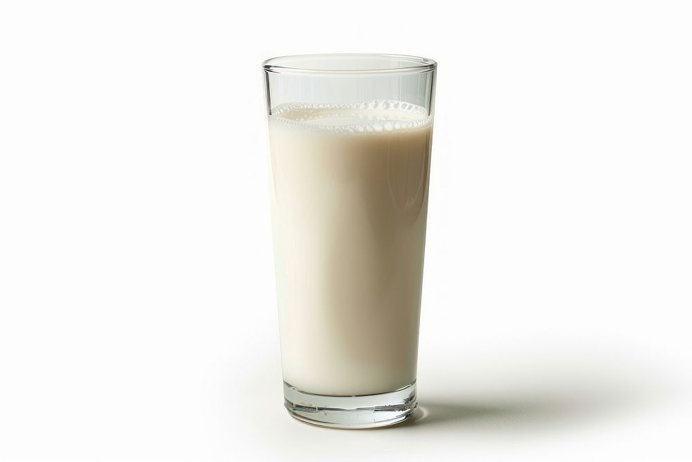 Glass of whole milk dairy drink white background.