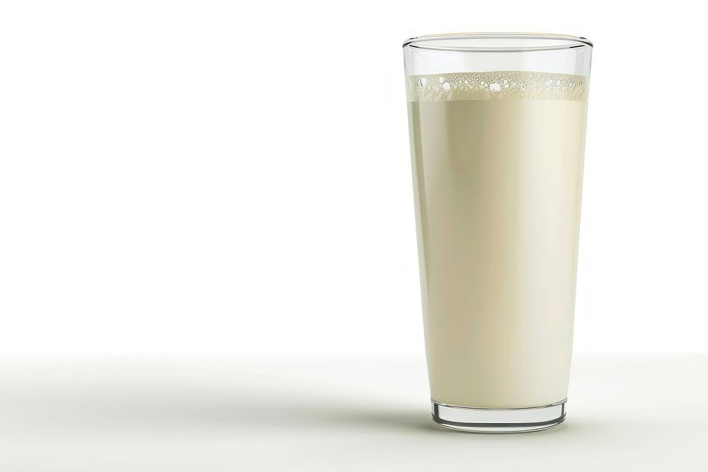 Glass of whole milk dairy drink white background.