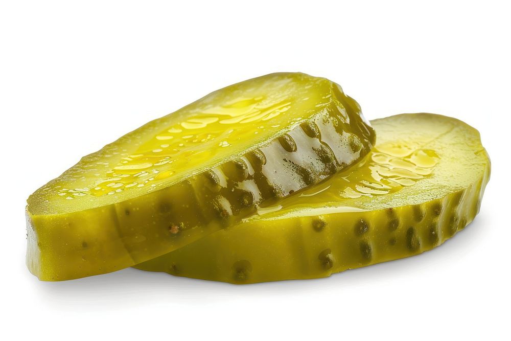 Horizontal slices of pickled gherkin food white background vegetable.