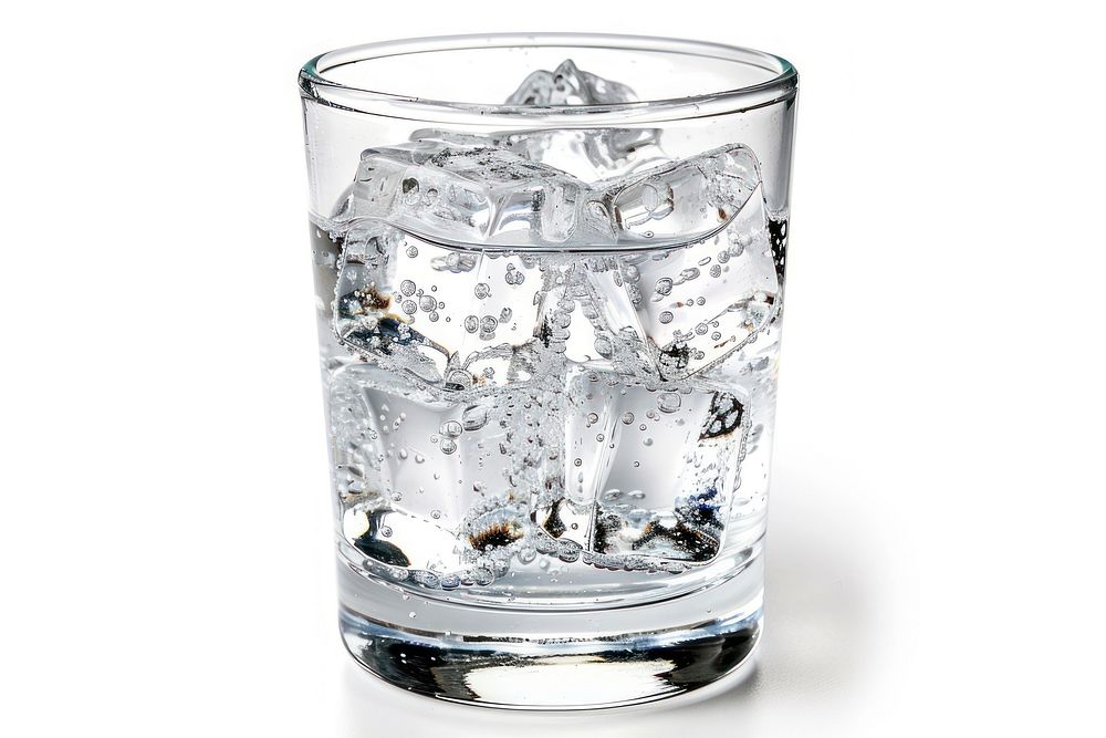 Ice cold glass of water white background refreshment transparent.