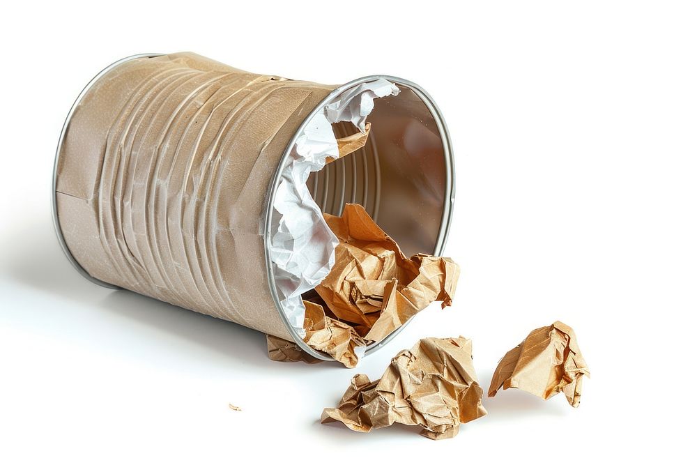 Scarp paper in fallen trash can white background container crumpled.