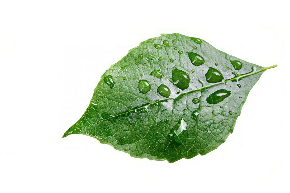 Water droplets on a green leaf plant white background freshness.