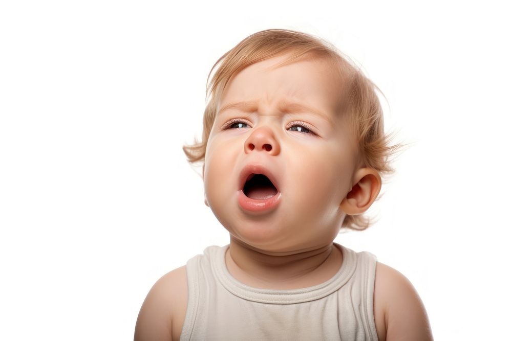 Baby coughing white background frustration displeased.