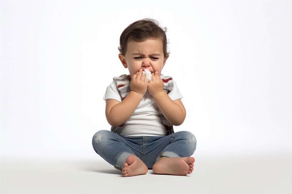 Baby coughing white background distraught relaxation.