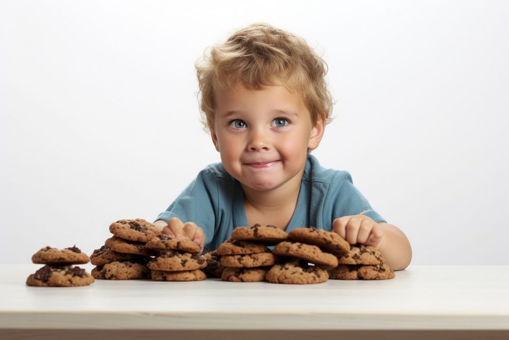 Boy eating chocolate chip cookies portrait photo food.