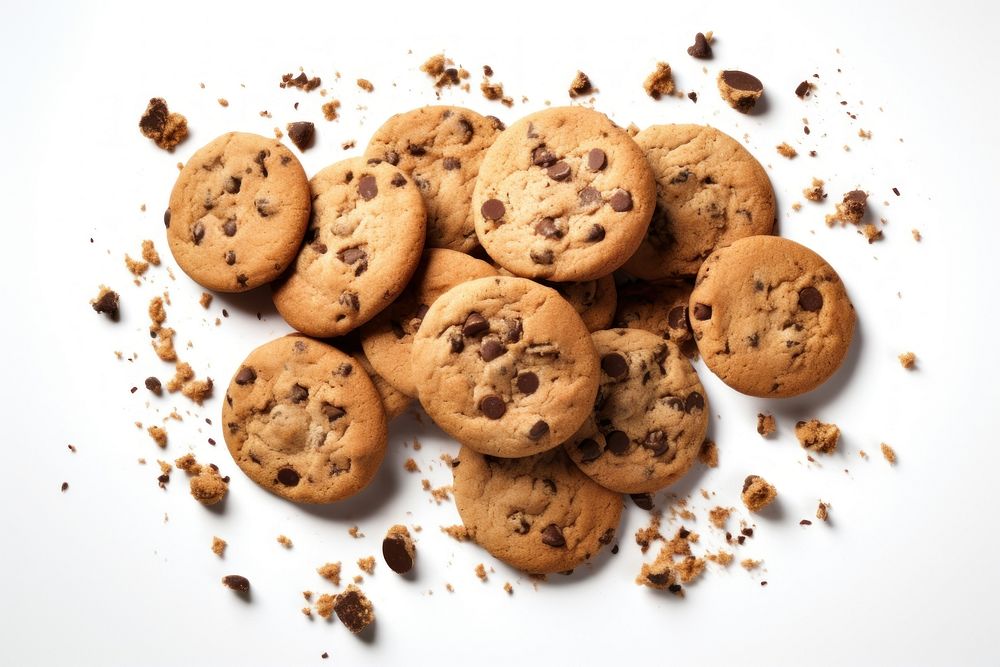 Chocolate chip cookies crumbs biscuit food white background.