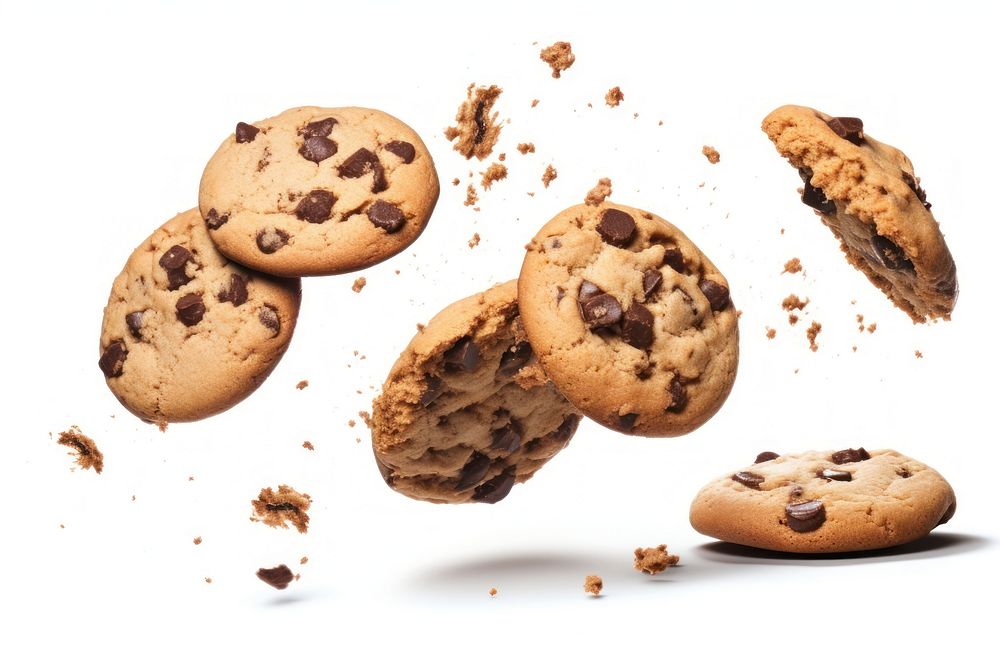 Chocolate chip cookies dunk food white background confectionery.