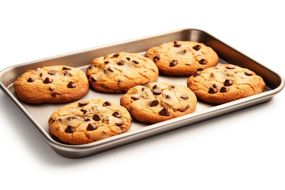 Chocolate chip cookies on baking tray food white background snickerdoodle.