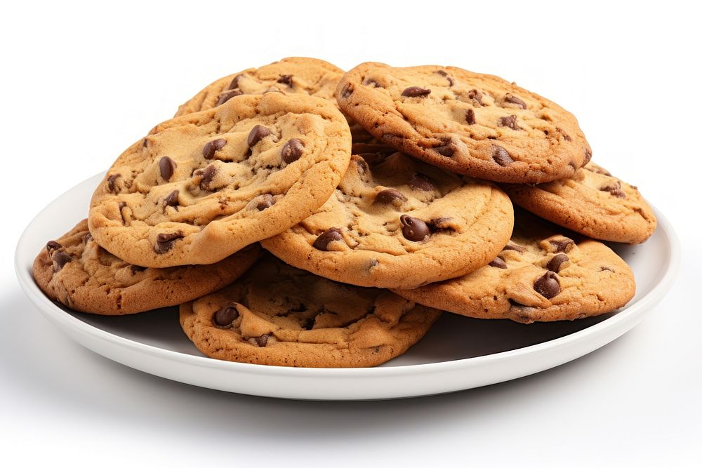 Chocolate chip cookies plate food white background.