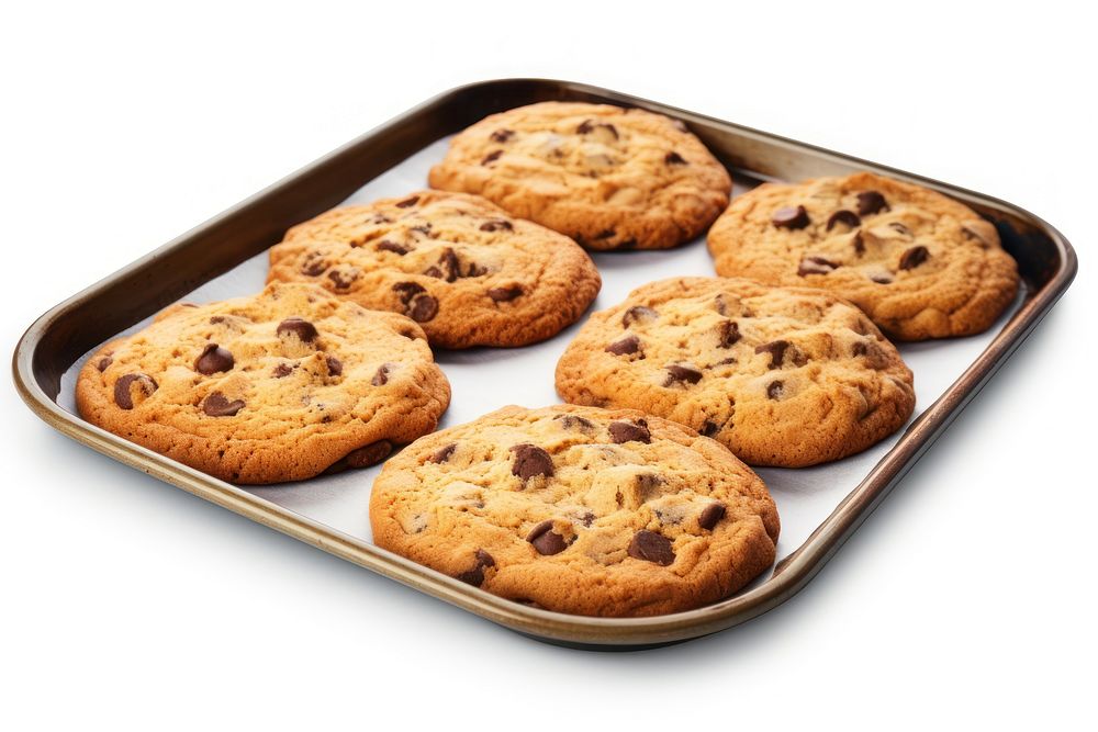 Chocolate chip cookies on baking tray biscuit food white background.