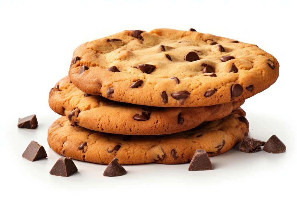 Chocolate chip cookies with chocolate bar food white background confectionery.