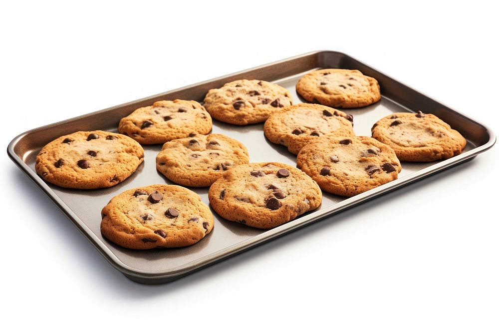 Chocolate chip cookies on baking tray biscuit food white background.