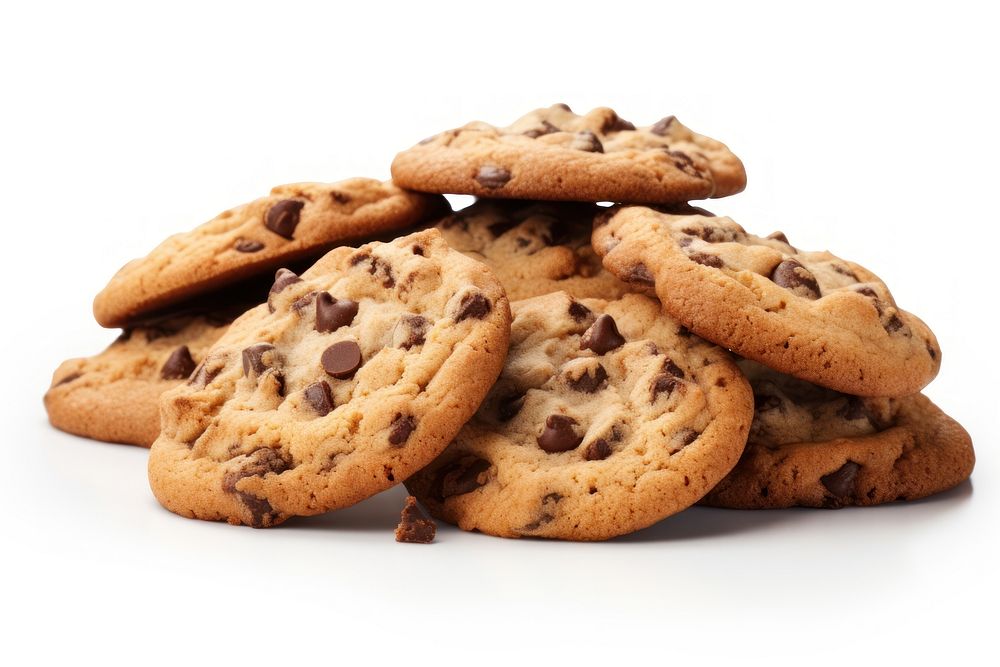 Chocolate chip cookies crumb food white background confectionery.