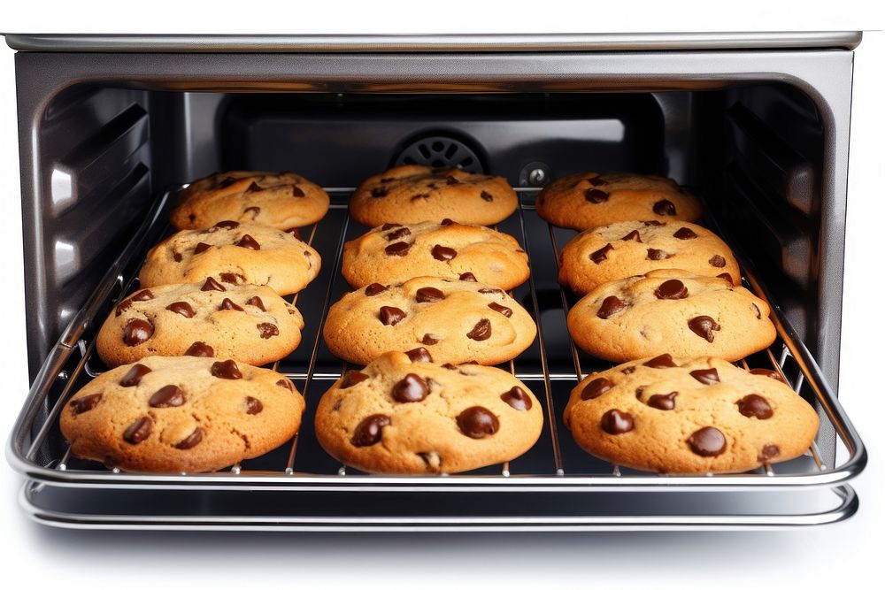 Chocolate chip cookies in the oven appliance food white background.