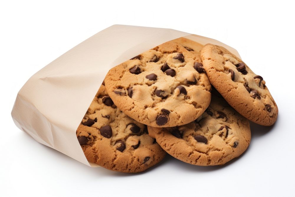 Chocolate chip cookies package food white background confectionery.