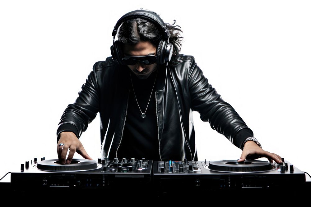 Nightclub dj headphones glasses white background.