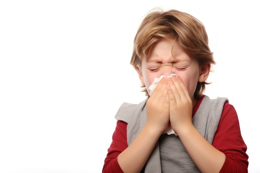 Sick boy coughing white background happiness innocence.