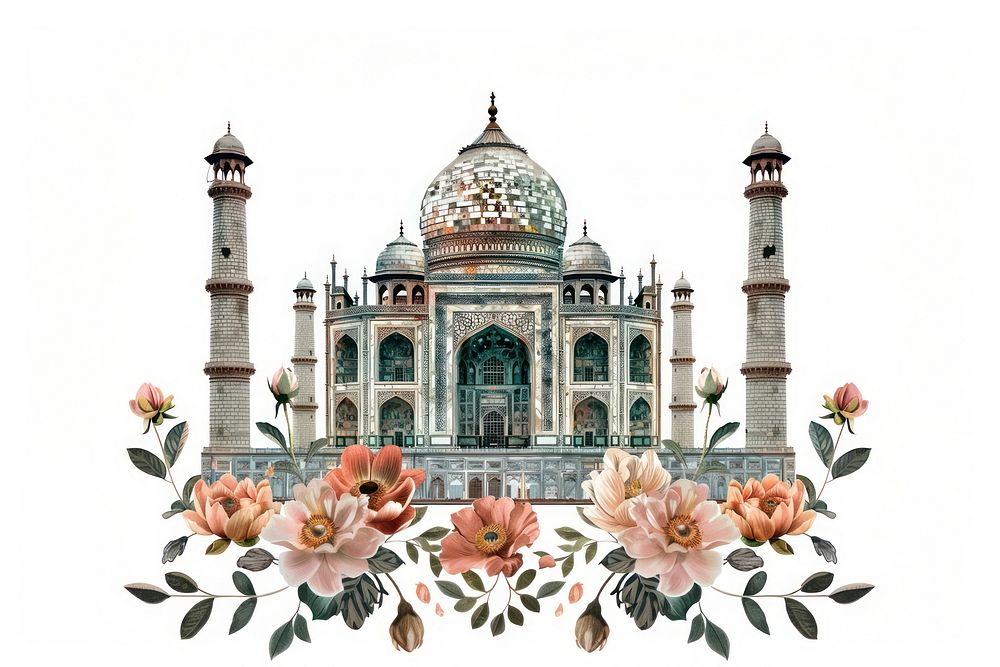 Flower Collage Taj Mahal architecture building pattern.