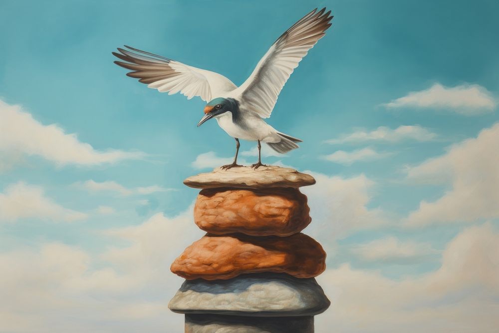 Close up on pale stack of bird flying painting outdoors seagull.