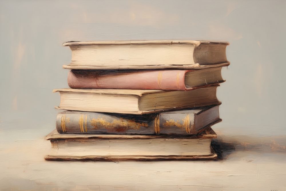 Close up on pale stack of book publication painting old.