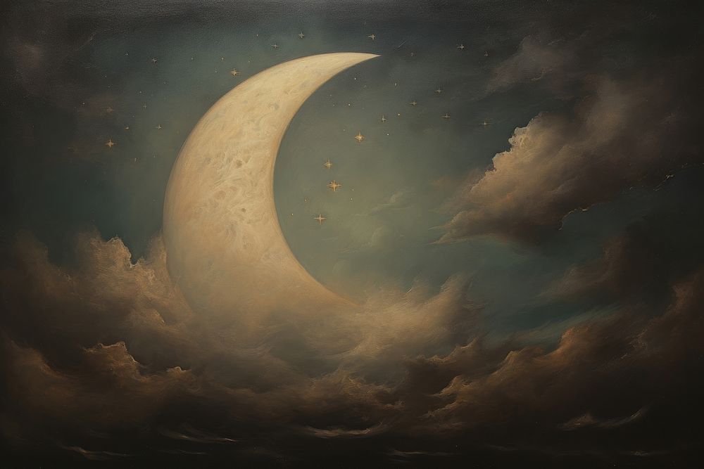 Close up on pale crescent night astronomy painting.