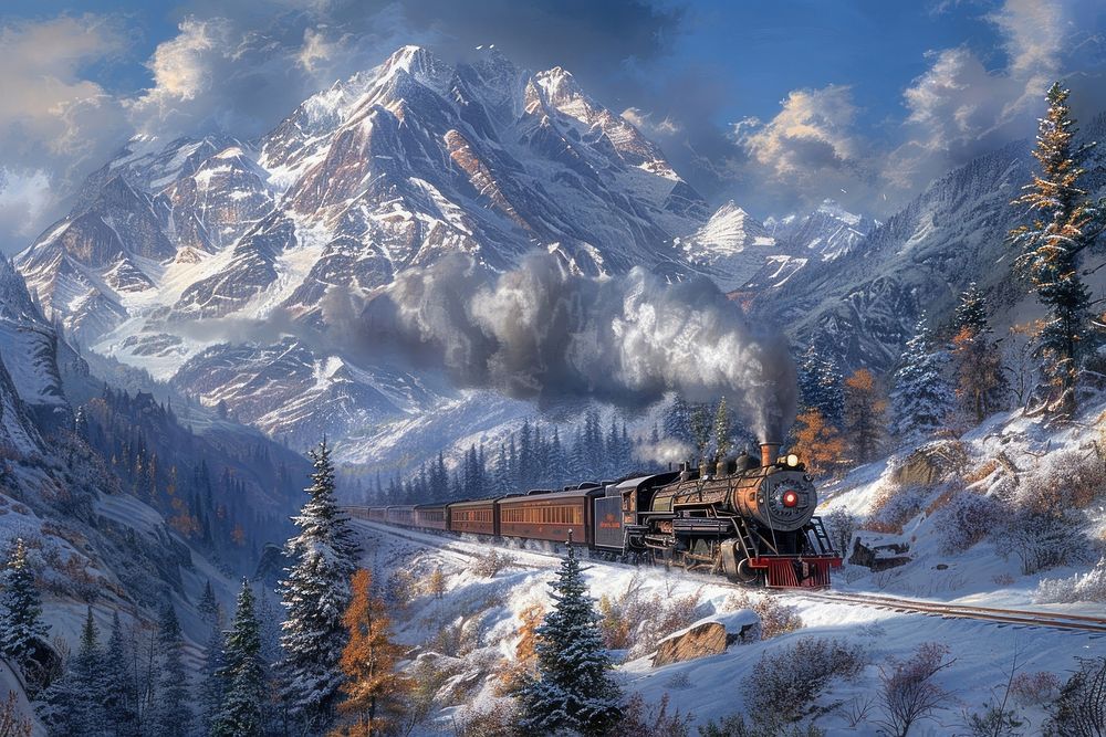 Old steam train snow landscape mountain.