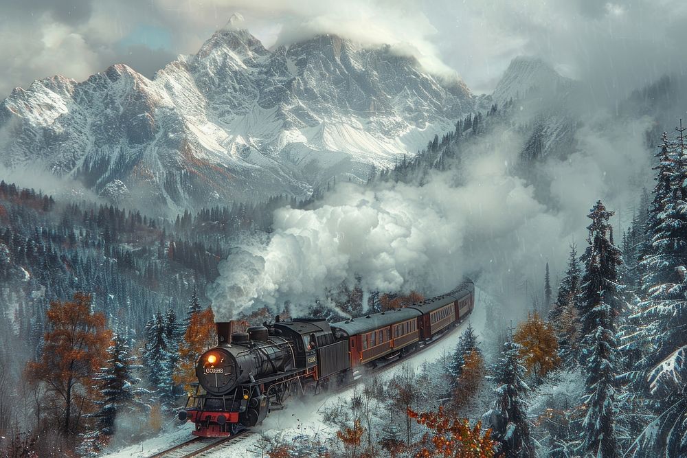 Old steam train snow mountain outdoors.