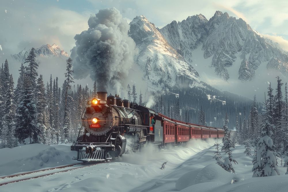 Old steam train snow locomotive mountain.