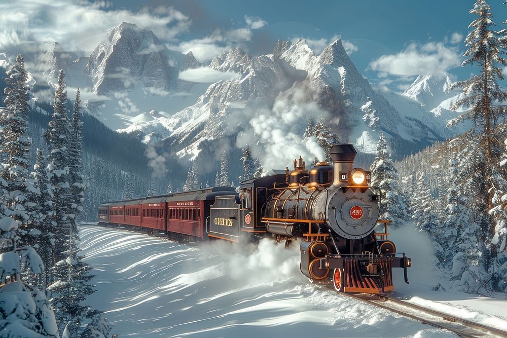 Old steam train snow locomotive mountain.