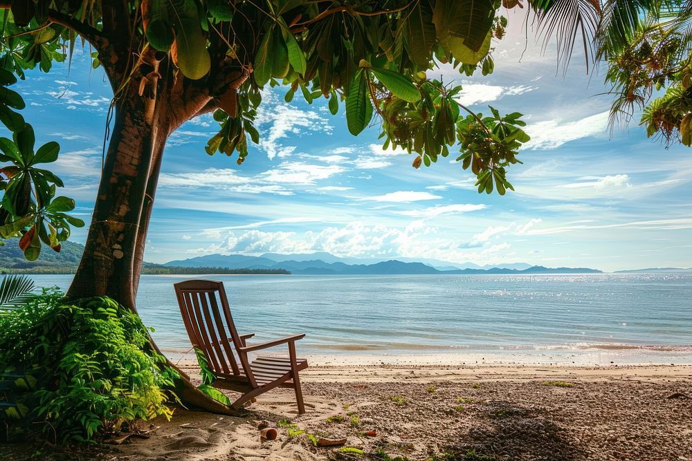 Beautiful tropical beach chair sea sky.
