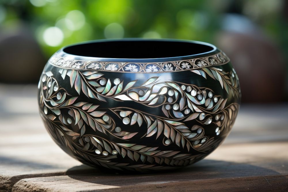 Black wood with pearl inlay craft decoration flowerpot.