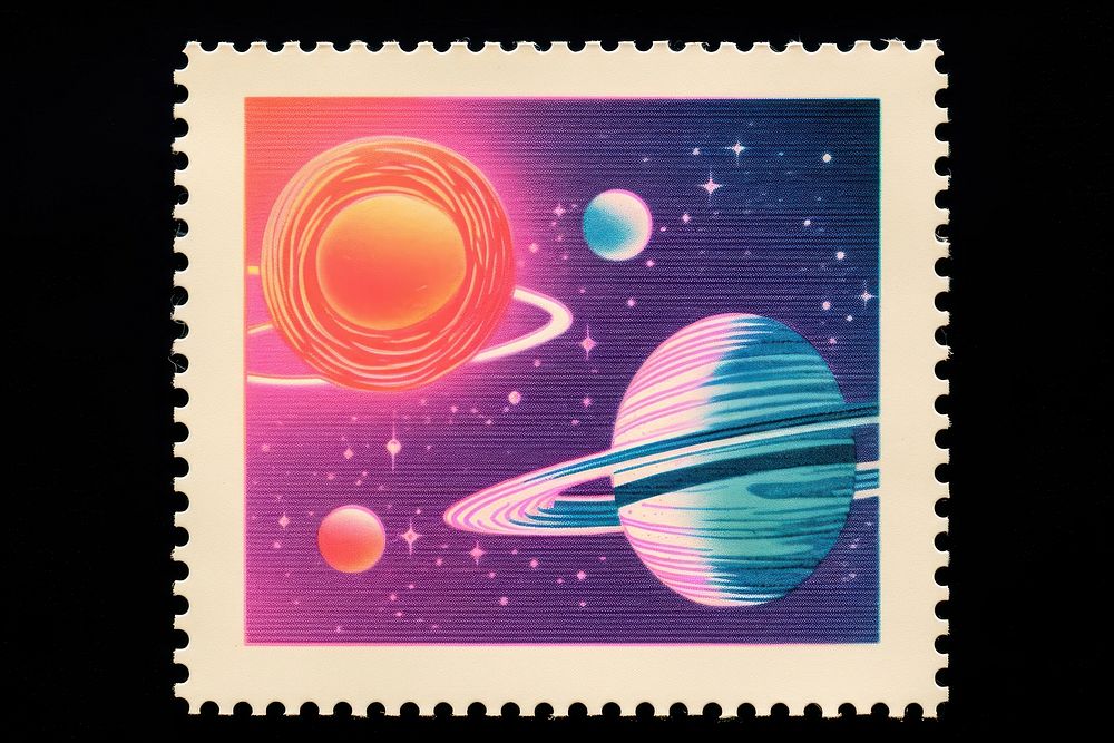 Space universe Risograph postage stamp illuminated exploration.