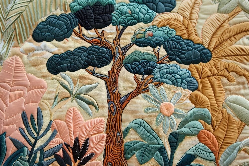 Tropical tree embroidery pattern textile.