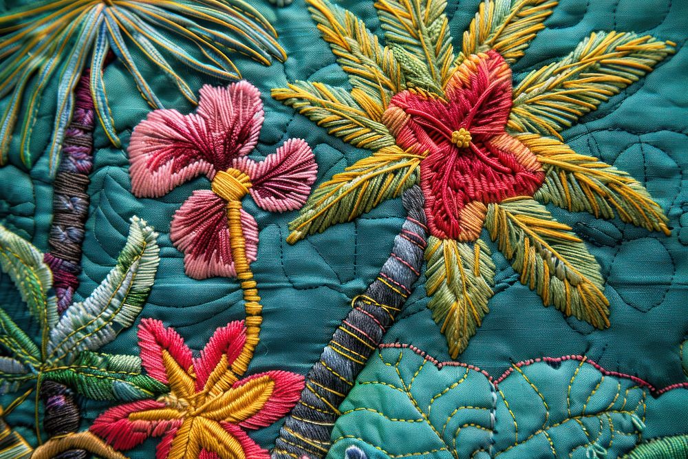 Tropical tree embroidery needlework quilting.