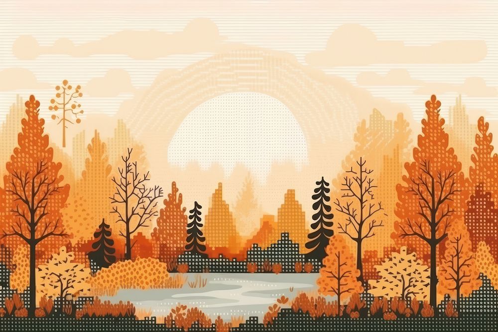 Cross stitch autumn jungle landscape backgrounds outdoors.