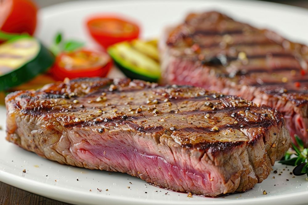 Medium rare beef steak vegetable grilled.
