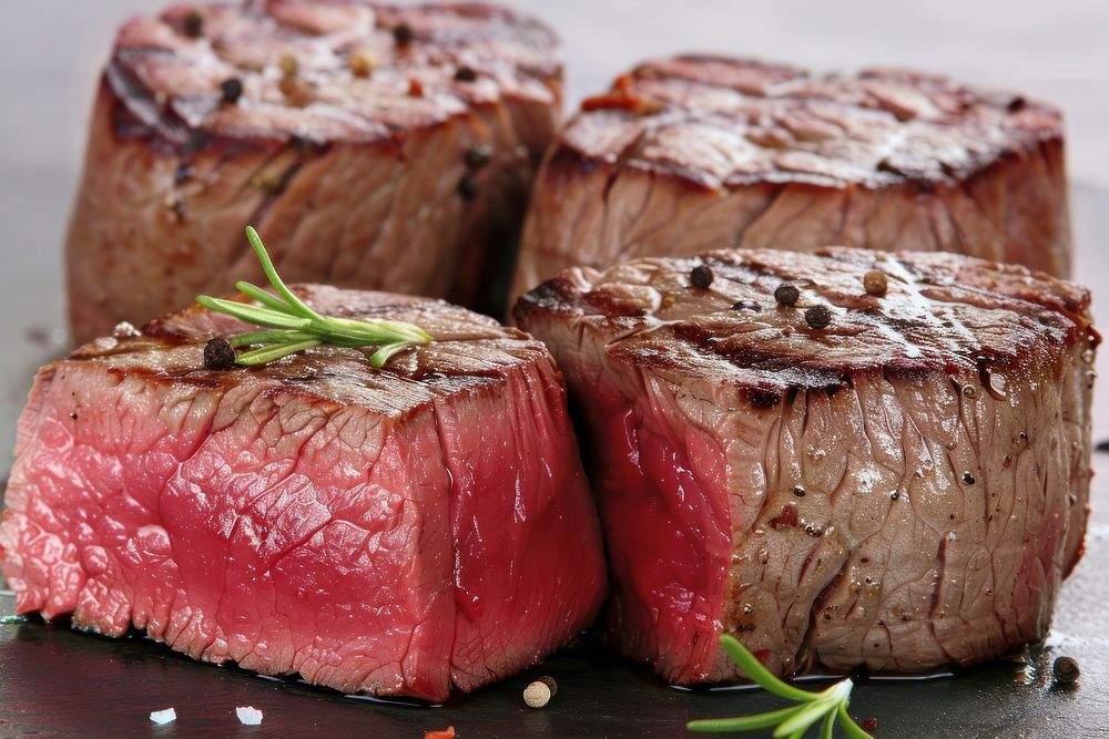 Medium rare beef vegetable steak meat.